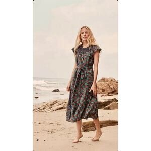 DOEN Violetta Ladybird Floral Midi Dress Navy Multi Belted Smocked Size Small